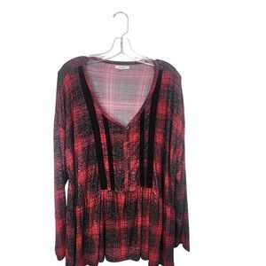 Maurices 2X Red Black Plaid Peplum Long Sleeve Button‎ Up Top Blouse